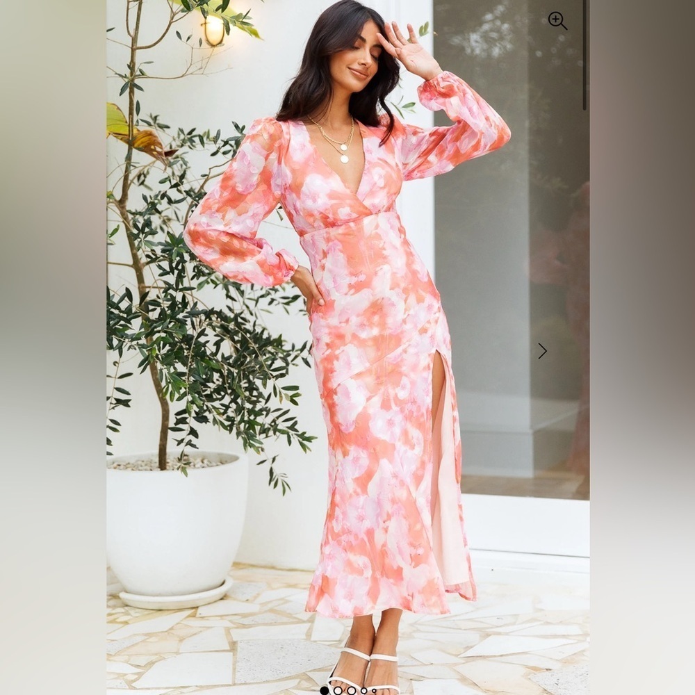 Hello Molly Pink Coral Watercolor Long Sleeve Midi Dress